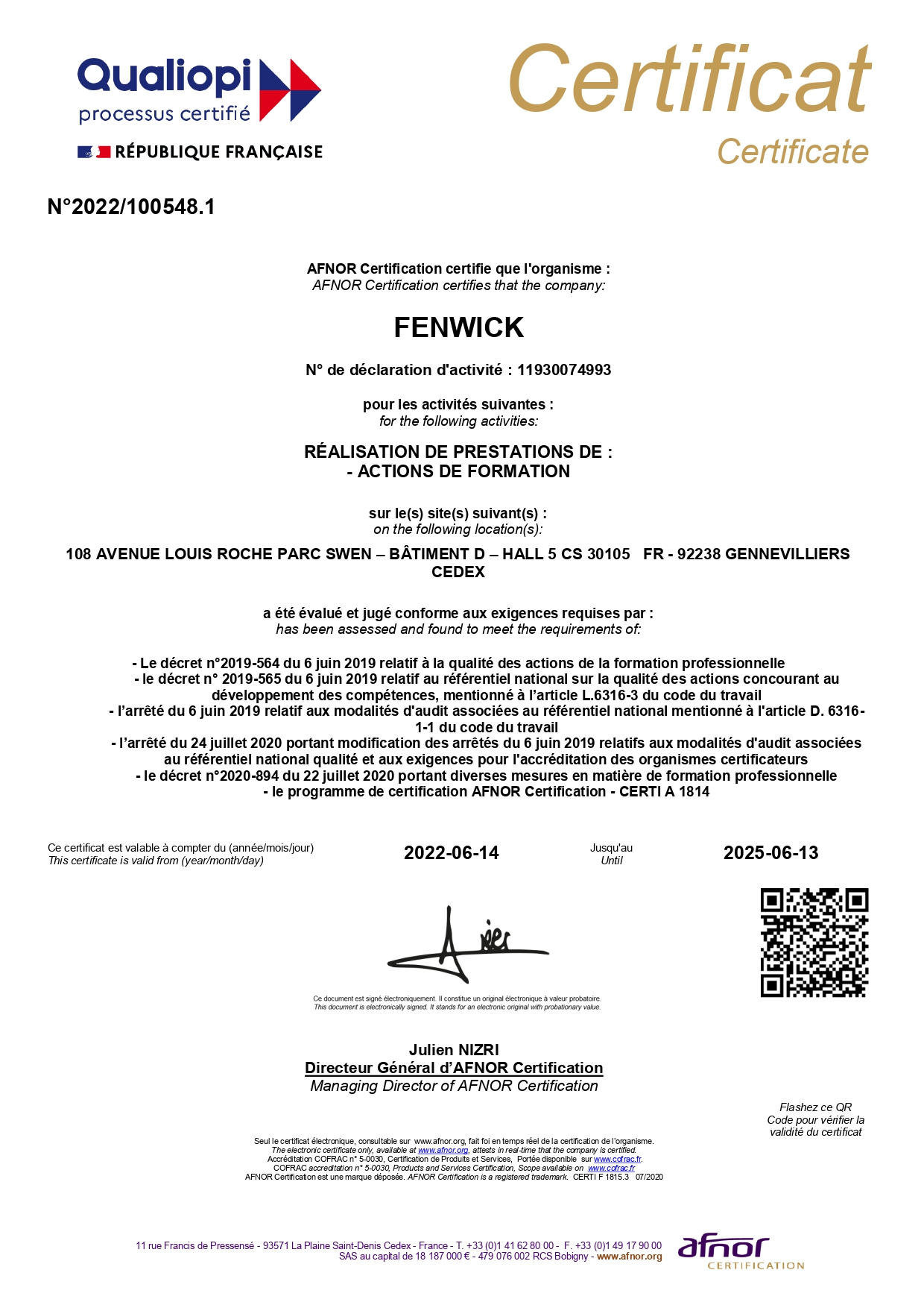 Qualiopi 000 Certi F 1815 Certificat Rnqf   Smq065 Et Annexes Page 0001