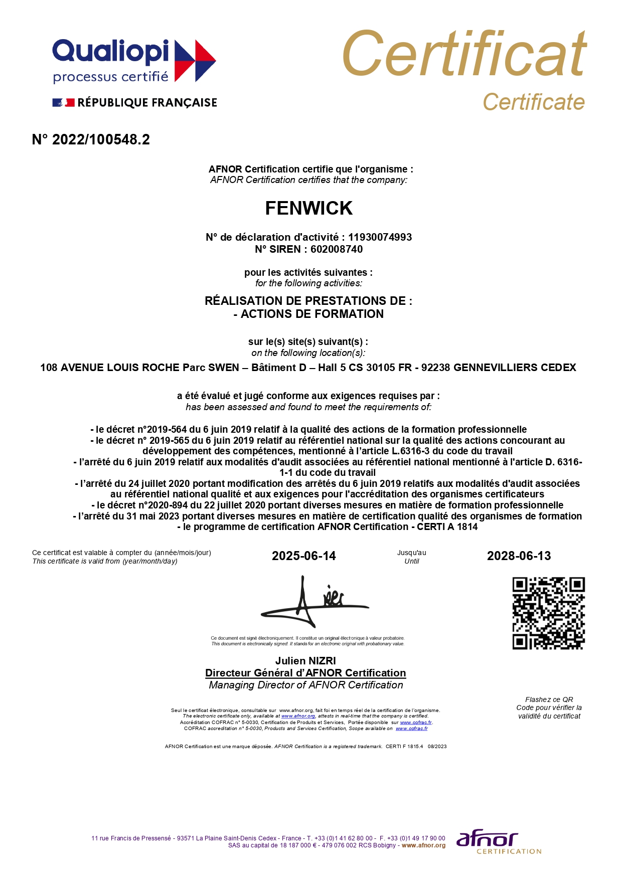 Certificat Qualiopi Actions de Formation Fenwick